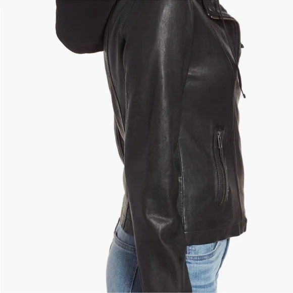 Caslon Black Leather Moto Jacket Women Large Removable Hood - Picture 4 of 16